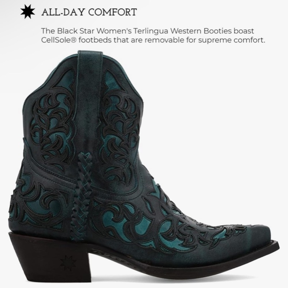 Black Star Boots Womens 7.5 Terlingua Snip Toe Aqua Leather Cowboy Booties NEW